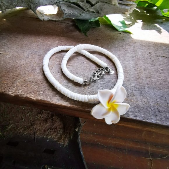 Puka Shell and Plumeria Flower Necklace - Picture 2 of 15